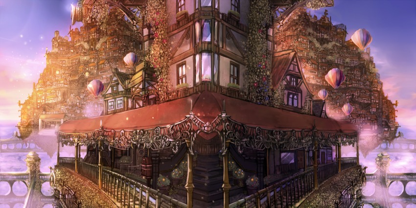 building city cloud day door fantasy floating_island highres house light_particles mailbox no_humans original outdoors plant potted_plant purple_sky railing scenery shiabisu sky stairs stone_floor sunlight veranda windmill window windowsill
