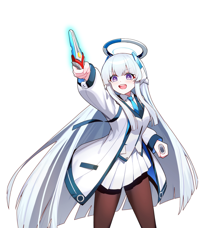 1girl absurdres arm_up blazer blue_archive blue_necktie blunt_ends chinese_commentary commentary_request cowboy_shot crossover evoltruster halo highres holding holding_sheath jacket long_hair mechanical_halo necktie noa_(blue_archive) open_clothes open_jacket open_mouth pantyhose school_uniform sheath sidelocks simple_background solo standing teeth ultra_series ultraman_nexus_(series) upper_teeth_only v-shaped_eyebrows very_long_hair white_background white_jacket wuyin