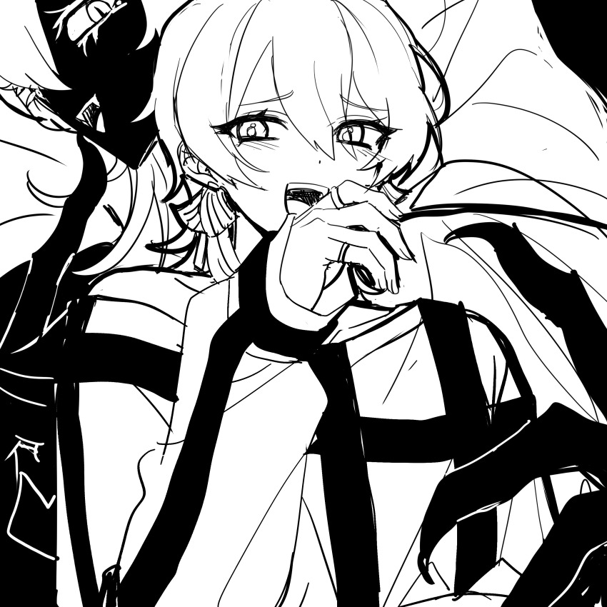 2girls absurdres arthropod_girl blush greyscale highres kusunoki_muu laughing looking_at_viewer milgram monochrome multiple_girls official_alternate_design open_mouth zun_bird