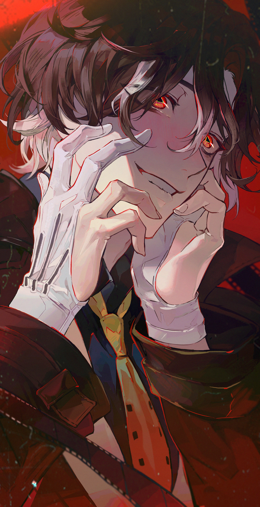 1boy absurdres black_shirt blush brown_hair brown_jacket collared_shirt commentary crazy crazy_smile film_strip fingernails gloves grey_hair hair_between_eyes hands_on_own_face hands_up highres honkai:_star_rail honkai_(series) jacket light_particles long_sleeves looking_afar male_focus mr._reca_(honkai:_star_rail) multicolored_hair necktie open_clothes open_jacket partially_fingerless_gloves red_background red_eyes shirt short_hair simple_background smile solo symbol-shaped_pupils teeth triangle-shaped_pupils two-tone_hair upper_body ven0305 vest white_gloves white_vest yellow_necktie