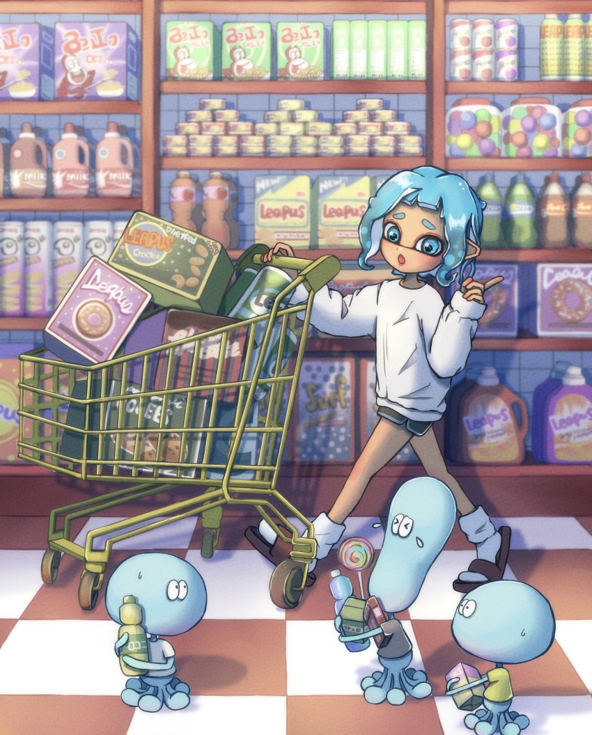 &gt;_&lt; 1girl absurdres black_shirt black_shorts blue_eyes blue_hair blush bottle box brown_footwear can candy cereal_box checkered_floor commentary_request dark-skinned_female dark_skin detergent donut drink food green_shirt groceries hands_up highres holding holding_bottle index_finger_raised indoors inkling inkling_girl inkling_player_character jar jellyfish_(splatoon) jug_(bottle) lollipop long_sleeves looking_at_another looking_down milk moromi_(kscd4482) nintendo open_mouth paper_towel pointy_ears raised_eyebrows sandals shadow shelf shirt shopping shopping_cart short_eyebrows short_hair short_shorts short_sleeves shorts sidelocks sleeves_past_wrists slice_of_life socks soda soda_bottle splatoon_(series) standing supermarket sweatdrop swirl_lollipop t-shirt tears tentacle_hair tile_floor tiles walking wavy_hair white_shirt white_socks