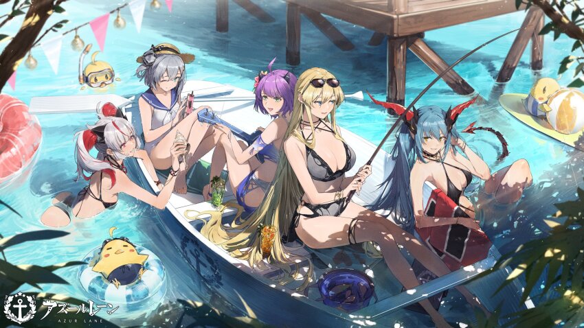 5girls ass azur_lane ball bikini bismarck_(azur_lane) bismarck_zwei_(azur_lane) black_bikini blonde_hair blue_bikini blue_eyes boat breasts coral drink fish fishing_rod food green_hair grey_hair halterneck hat highres holding holding_instrument horns houston_(azur_lane) houston_ii_(azur_lane) instrument jade_(a_lick_of_summer)_(azur_lane) jade_(azur_lane) jewelry large_breasts leotard lingerie loading_screen long_hair manjuu_(azur_lane) medium_hair multicolored_hair multiple_girls necklace oar official_alternate_costume official_art on_boat otto_von_alvensleben_(azur_lane) otto_von_alvensleben_(hunter_becomes_hunted)_(azur_lane) purple_hair red_eyes red_hair regensburg_(azur_lane) regensburg_(dark_dragon_brilliant_beach)_(azur_lane) sailor_collar sitting small_breasts snorkel_mask somehira_katsu steamed_bun straw_hat sunglasses swimsuit tail thigh_strap tree twintails underwear very_long_hair watercraft white_hair yellow_eyes