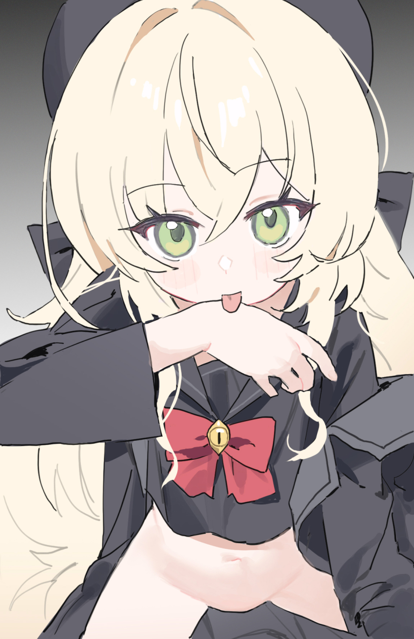 1girl :p black_coat black_hat black_serafuku black_shirt blonde_hair blue_archive bottomless bow coat green_eyes hat highres licking long_hair looking_at_viewer measho navel professor_niyaniya_(blue_archive) school_uniform serafuku shirt solo tongue tongue_out