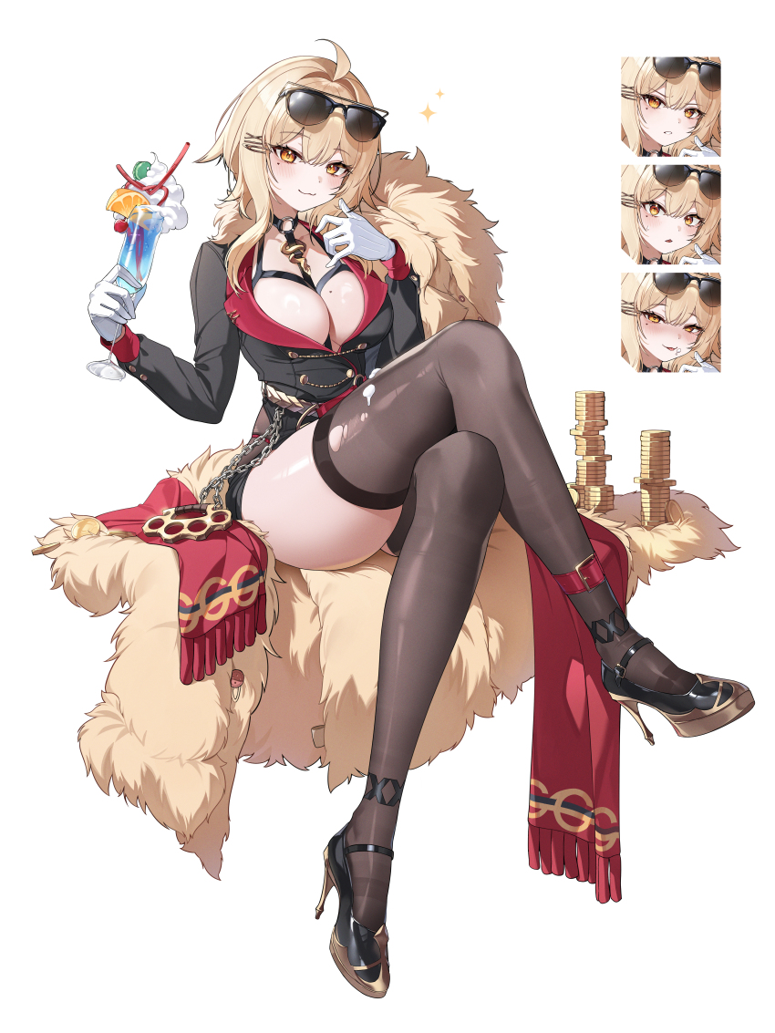 1girl :3 :o absurdres ahoge black_jacket black_shoes black_thighhighs blonde_hair blush brass_knuckles breasts brown_coat chain cherry closed_mouth coat coin crazy_straw crossed_legs cup double-parted_bangs drink drinking_straw eyewear_on_head food fruit fur_coat gloves hair_between_eyes hair_ornament hairclip harness high_heels highres holding holding_cup hoshirapu ice_cream ice_cream_float invisible_chair jacket large_breasts legs long_hair long_sleeves looking_at_viewer macaron mole mole_on_breast mole_under_eye multiple_expressions o-ring orange_(fruit) orange_slice original parted_lips pumps red_scarf scarf shoes sitting smile strappy_heels sunglasses thighhighs torn_clothes torn_thighhighs weapon white_background white_gloves x_hair_ornament yellow_eyes