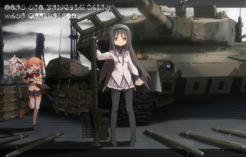 10s 2girls :&lt; :d absurdres aegis_cruiser akemi_homura akemi_homura_(magical_girl) argyle_clothes argyle_legwear artillery assault_rifle battle_rifle black_hair black_pantyhose bottle bow caterpillar_tracks daizu_sanchi fim-92_stinger gun hair_ribbon hairband high-explosive_anti-tank_(warhead) highres howa_type_64 howa_type_89 kaname_madoka kyubey long_hair m270_mlrs m270_multiple_launch_rocket_system madoka_runes magical_girl mahou_shoujo_madoka_magica mahou_shoujo_madoka_magica_(anime) man-portable_air-defense_system man-portable_anti-tank_systems military military_vehicle missile missile_launcher missile_pod missile_vehicle motor_vehicle multiple_girls multiple_rocket_launcher open_mouth pantyhose pink_eyes pink_hair precision-guided_munition purple_eyes red_eyes rheinmetall_rh-120 ribbon rifle rocket rocket-propelled_grenade rocket_(projectile) rocket_artillery rocket_launcher rocket_pod rocket_truck rpg rpg-7 rpg_(weapon) school_uniform self-propelled_artillery self-propelled_rocket_launcher ship shoes short_twintails shoulder-fired_missile skirt smile standing standing_on_one_leg stinger_missile surface-to-air_missile tank thighhighs transporter_erector_launcher truck twintails type_88_ssm type_90_(tank) watercraft weapon white_legwear