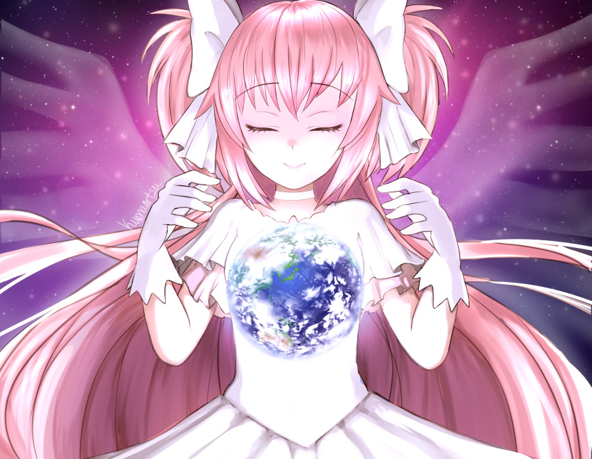 1girl absurdly_long_hair absurdres bow choker closed_eyes closed_mouth dress earth_(planet) facing_viewer gloves hair_bow highres kaname_madoka kumaartsu long_hair mahou_shoujo_madoka_magica mahou_shoujo_madoka_magica_(anime) nebula pink_hair planet sky smile solo space spoilers star_(sky) starry_sky tagme ultimate_madoka upper_body very_long_hair white_bow white_dress white_gloves wings