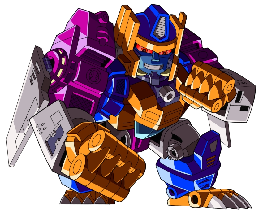 1990s_(style) 1boy beast_machines beast_wars beni_(8204) cannon clenched_hand glowing grinding highres insignia machine machinery male_focus mecha megatron megatron_(beast_wars) no_humans personification red_eyes retro_artstyle robot simple_background smile solo spoilers teeth transformers weapon white_background