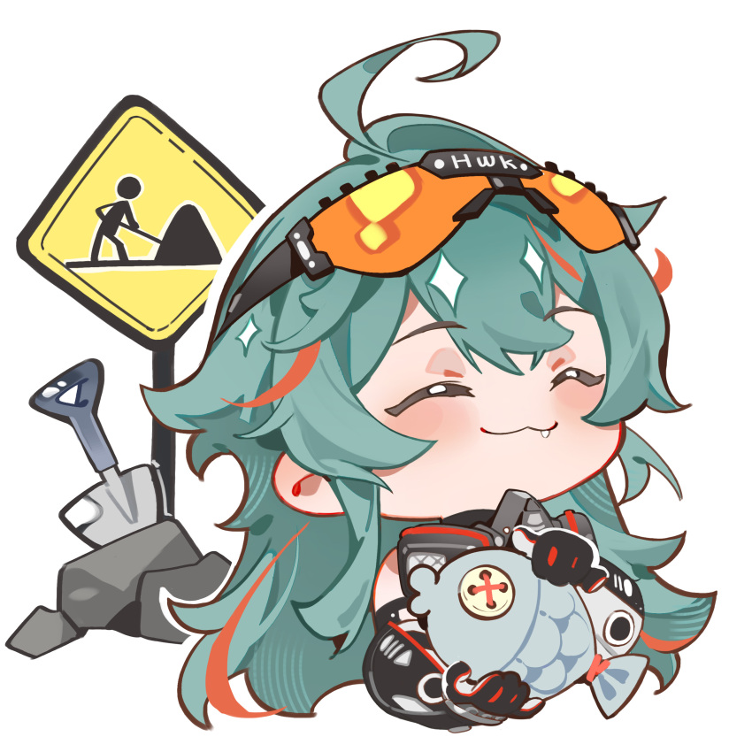 1girl :3 absurdres ahoge animal artist_request chibi chibi_only chinese_commentary closed_eyes fang fish gas_mask girls&#039;_frontline girls&#039;_frontline_neural_cloud goggles goggles_on_head green_hair havoc_(neural_cloud) highres holding holding_animal holding_fish mask official_art road_sign second-party_source shovel sign