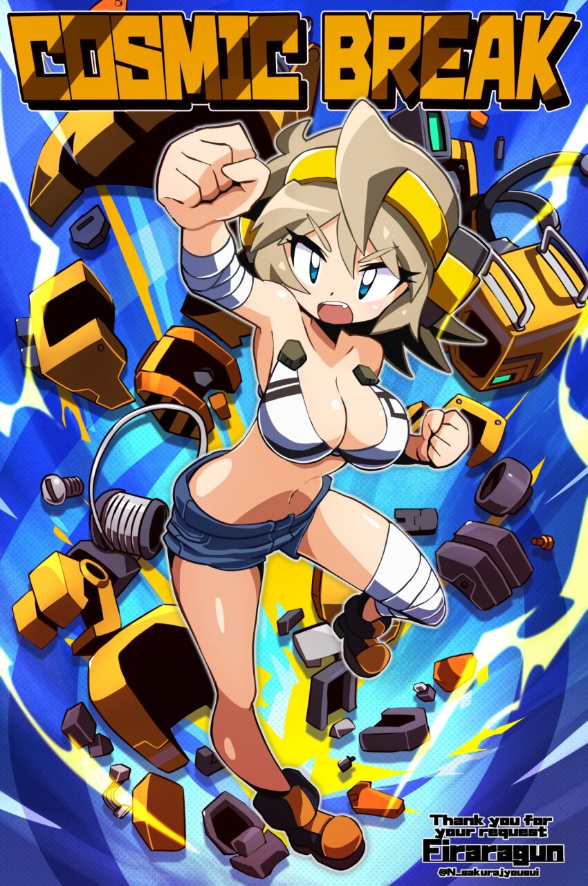 artist_name bandaged_leg bandages blue_eyes bra breasts ciel_dragbucket cleavage clenched_hands commentary_request commission copyright_name cosmic_break denim denim_shorts english_text highres large_breasts light_brown_hair looking_at_viewer mecha_musume navel sakurajyousui_nami short_shorts shorts skeb_commission thank_you twitter_username underwear white_bra