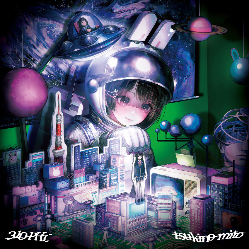 1girl absurdres album_cover black_eyes black_hair character_doll city cover highres ikuta41 long_hair miniature nazono_mito nijisanji planet smile solo spacesuit tokyo_tower tsukino_mito ufo