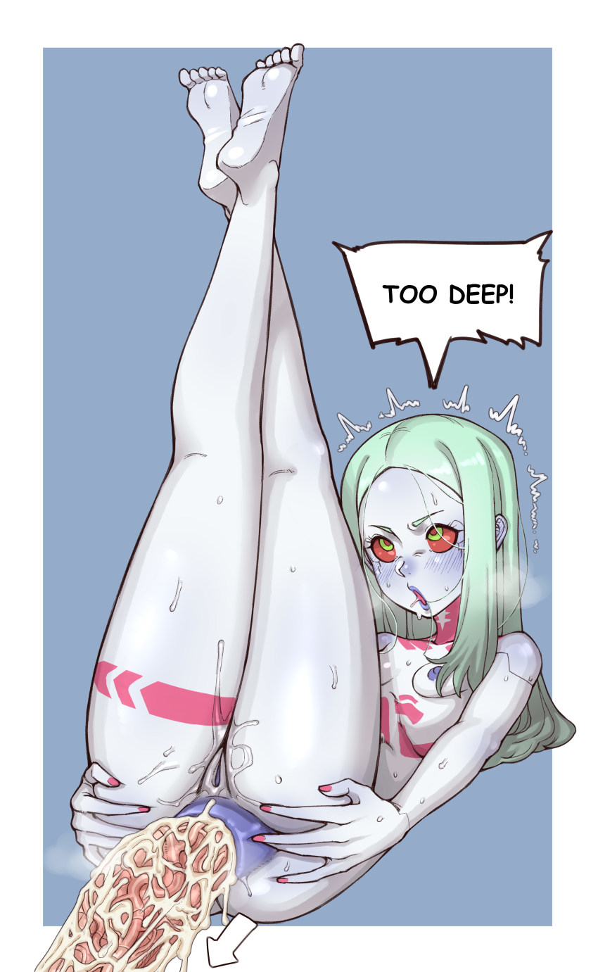 1girl absurdres anal arrow_(symbol) artificial_eye ass blush breasts chest_tattoo colored_nipples colored_sclera colored_skin commentary_request completely_nude crossed_ankles cum cum_in_ass cyberpunk_(series) cyberpunk:_edgerunners cyborg deep_skin disembodied_penis ebonyxh english_text fingernails fucked_silly green_eyes green_hair grey_skin hair_down hetero highres huge_penis joints kneepits leg_tattoo legs_up loli long_legs mechanical_eye nail_polish neck_tattoo nipples nude penis petite pink_nails pink_tattoo prolapse purple_nipples pussy pussy_juice rebecca_(cyberpunk) anal_prolapse red_sclera robot_joints rolling_eyes sex small_breasts solo_focus speech_bubble spread_ass sweat tattoo uncensored