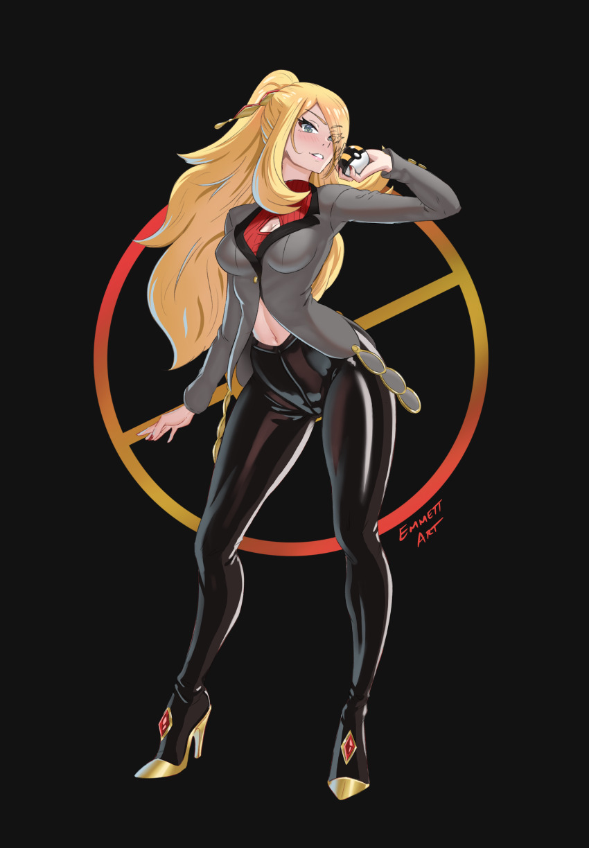 1girl absurdres arm_up artist_name black_background black_pants blonde_hair breasts cleavage_cutout clothing_cutout commentary_typo cynthia_(pokemon) cynthia_(sygna_suit)_(pokemon) emmettart eyes_visible_through_hair full_body grey_eyes grey_jacket hair_over_one_eye high_heels high_ponytail highres holding holding_poke_ball jacket long_hair medium_breasts nail_polish nintendo official_alternate_costume official_alternate_hairstyle pants parted_lips poke_ball pokemon pokemon_masters_ex ponytail red_nails solo standing tight_clothes tight_pants ultra_ball very_long_hair