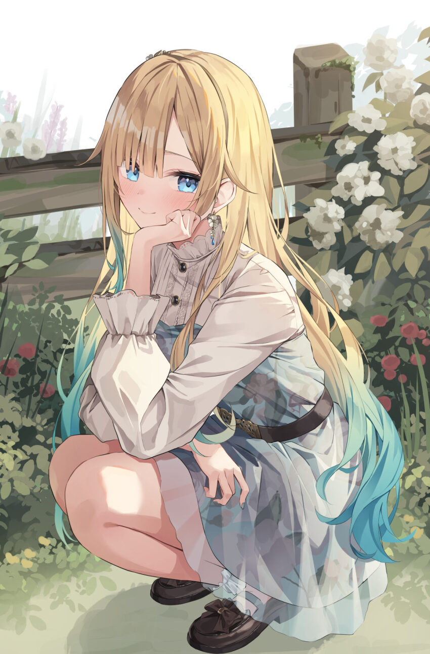 1girl aizawa_ema aizawa_ema_(3rd_costume) bare_legs black_shoes blonde_hair blue_dress blue_eyes blue_hair blush buttons closed_mouth collared_shirt day dress fence floral_print floral_print_dress flower full_body gradient_hair grass hand_on_own_chin head_rest highres legs_together long_hair long_sleeves looking_at_viewer multicolored_hair outdoors parted_bangs print_dress shadow shirt shoes smile solo squatting straight_hair virtual_youtuber vspo! white_flower white_shirt wooden_fence yuiko_0421