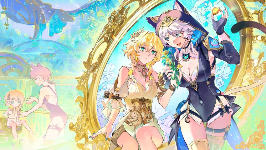 2girls aged_down aglaea_(honkai:_star_rail) blonde_hair blue_eyes breasts cat_girl choker cipher_(honkai:_star_rail) cleavage fingerless_gloves floral_print gloves greco-roman_clothes green_eyes grey_hair hashtag-only_commentary highres honkai:_star_rail honkai_(series) jewelry leotard mature_female mm19_mumu multiple_girls necklace thigh_strap