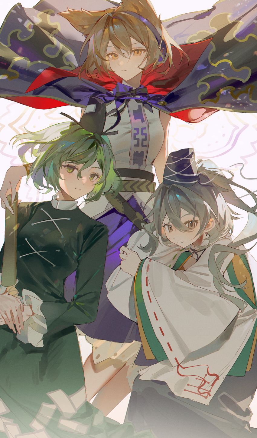 3girls absurdres belt black_belt black_ribbon bracelet brown_hair cape closed_mouth collared_cape collared_dress collared_shirt commentary dress earmuffs ender_xiaohai floating_cape frilled_sleeves frills gold_bracelet green_dress green_eyes green_hair grey_hair hair_between_eyes hat highres holding japanese_clothes jewelry kariginu long_hair long_sleeves looking_at_viewer mononobe_no_futo multiple_belts multiple_girls neck_ribbon ofuda ofuda_on_clothes own_hands_together ponytail purple_skirt ribbon ribbon-trimmed_sleeves ribbon_trim ritual_baton serious shirt short_hair skirt sleeveless sleeveless_shirt soga_no_tojiko tate_eboshi touhou toyosatomimi_no_miko two-sided_cape two-sided_fabric white_background wide_sleeves yellow_eyes