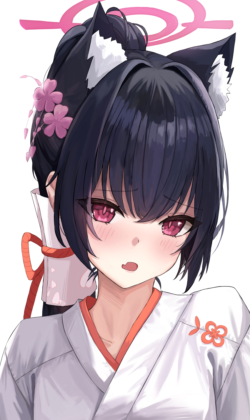 1girl absurdres animal_ear_fluff animal_ears black_hair blue_archive blush cat_ears cat_girl commentary extra_ears eyelashes eyes_visible_through_hair fang flower fujiwara_haru_(nekonote) furrowed_brow hair_between_eyes hair_flower hair_ornament halo highres japanese_clothes kanzashi kimono long_hair looking_at_viewer miko official_alternate_costume official_alternate_hairstyle open_mouth pink_flower pink_halo pink_pupils ponytail red_eyes serika_(blue_archive) serika_(new_year)_(blue_archive) sidelocks simple_background skin_fang slit_pupils solo tsurime upper_body white_background white_kimono