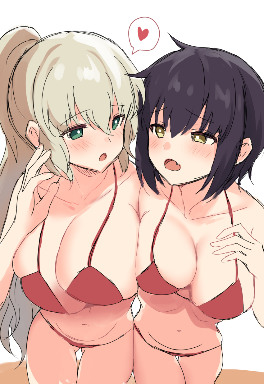 asymmetrical_docking bikini blue_eyes breast_press breasts fang heart highres kure_kirika large_breasts long_hair looking_at_another mahou_shoujo_madoka_magica mahou_shoujo_oriko_magica medium_hair mikuni_oriko navel orange_eyes red_bikini side_ponytail speech_bubble spoken_heart suzugahama swimsuit very_long_hair white_hair yuri