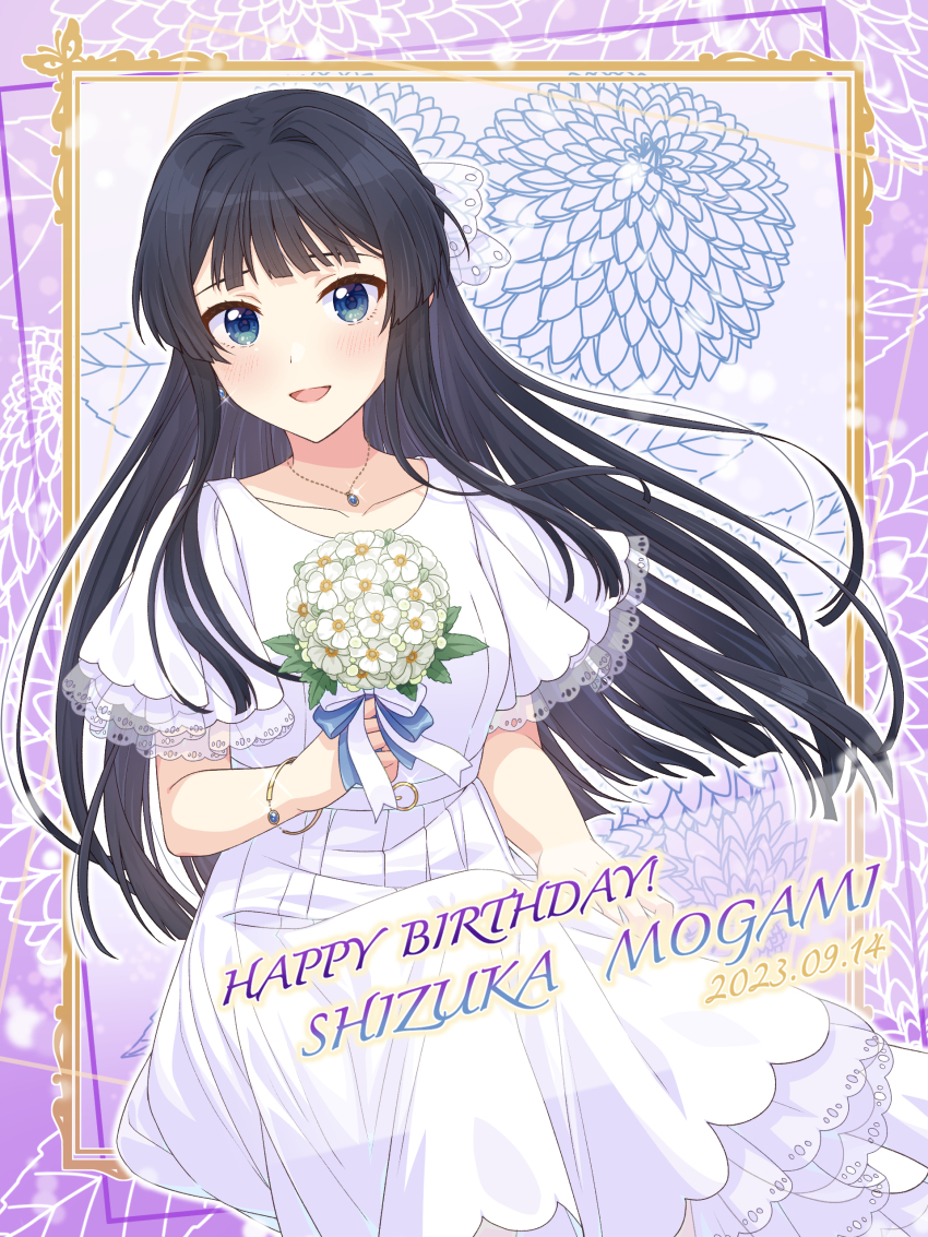 1girl 2023 absurdres black_hair blue_eyes blush border bouquet bow bracelet character_name collarbone dress earrings floral_background flower framed happy_birthday highres hime_cut holding holding_bouquet idolmaster idolmaster_million_live! idolmaster_million_live!_theater_days jewelry long_hair looking_at_viewer mogami_shizuka open_mouth ornate_border outside_border pendant ribbon see-through_clothes see-through_sleeves shiro_(ongrokm) smile solo