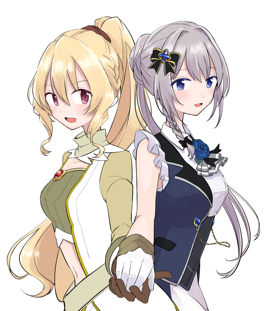 2girls absurdres ascot back-to-back bare_arms bare_shoulders black_bow black_corset black_ribbon blonde_hair blue_eyes blue_flower blue_gemstone blue_rose blue_vest bow braid brooch brown_gloves brown_scrunchie chest_jewel clothing_cutout collar collarbone collared_shirt collared_vest commentary_request corset crop_top cropped_torso cross_hair_ornament detached_collar dot_nose dress flower flower_brooch frilled_collar frilled_shirt frills gem gloves green_collar green_shirt grey_ascot grey_hair hair_between_eyes hair_bow hair_bun hair_intakes hair_ornament hair_scrunchie happy high_collar high_ponytail highres holding_hands jewelry lapels light_blush long_hair long_sleeves looking_at_viewer magia_record:_mahou_shoujo_madoka_magica_gaiden magical_girl mahou_shoujo_madoka_magica multiple_girls nape_braid navel neck_ribbon notched_lapels open_clothes open_dress open_mouth open_vest pink_eyes ponytail red_gemstone ribbon rose scrunchie shirt shirt_under_dress side_braid simple_background single_braid single_hair_bun sleeveless sleeveless_dress sleeveless_shirt smile stomach_cutout tareme togame_momoko two-sided_vest ultimate_magnum very_long_hair vest white_background white_dress white_gloves white_shirt yakumo_mitama