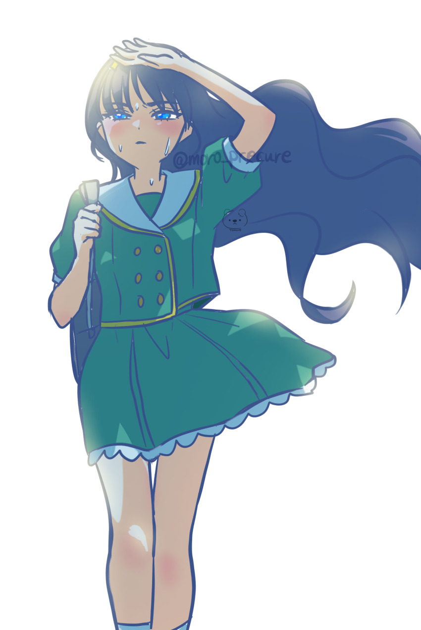 1girl artist_logo artist_name bag black_bag black_hair blue_eyes blush delicious_party_precure green_shirt green_skirt highres kasai_amane logo long_hair moro_precure open_mouth precure school_bag school_uniform shinsen_middle_school_uniform shirt short_sleeves skirt socks solo sweatdrop twitter_username white_socks
