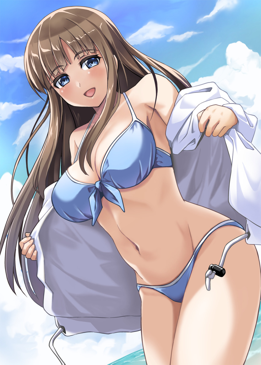1girl accel_world bikini blue_bikini blue_eyes blush breasts brown_hair cloud day female_focus highres jacket kurasaki_fuuko large_breasts long_hair looking_at_viewer navel ocean open_mouth outdoors rorie_(mpmiw) sky smile solo swimsuit very_long_hair water white_jacket