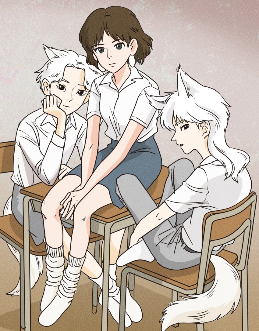 1girl 2boys animal_ears belt between_legs blue_skirt breasts brown_background brown_hair chair collared_shirt contemporary crossed_ankles desk earrings grey_background grey_pants hand_between_legs hand_on_own_cheek hand_on_own_face head_rest highres jewelry knees_up long_hair looking_at_viewer miniskirt mononoke_hime moro_no_ichizoku multiple_boys no_shoes on_desk pants parted_bangs personification profile rikaco1988 san_(mononoke_hime) school_chair school_desk school_uniform shirt shirt_tucked_in short_hair short_sleeves sideways_glance sitting skirt small_breasts socks tail white_hair white_socks wolf_boy wolf_ears wolf_tail