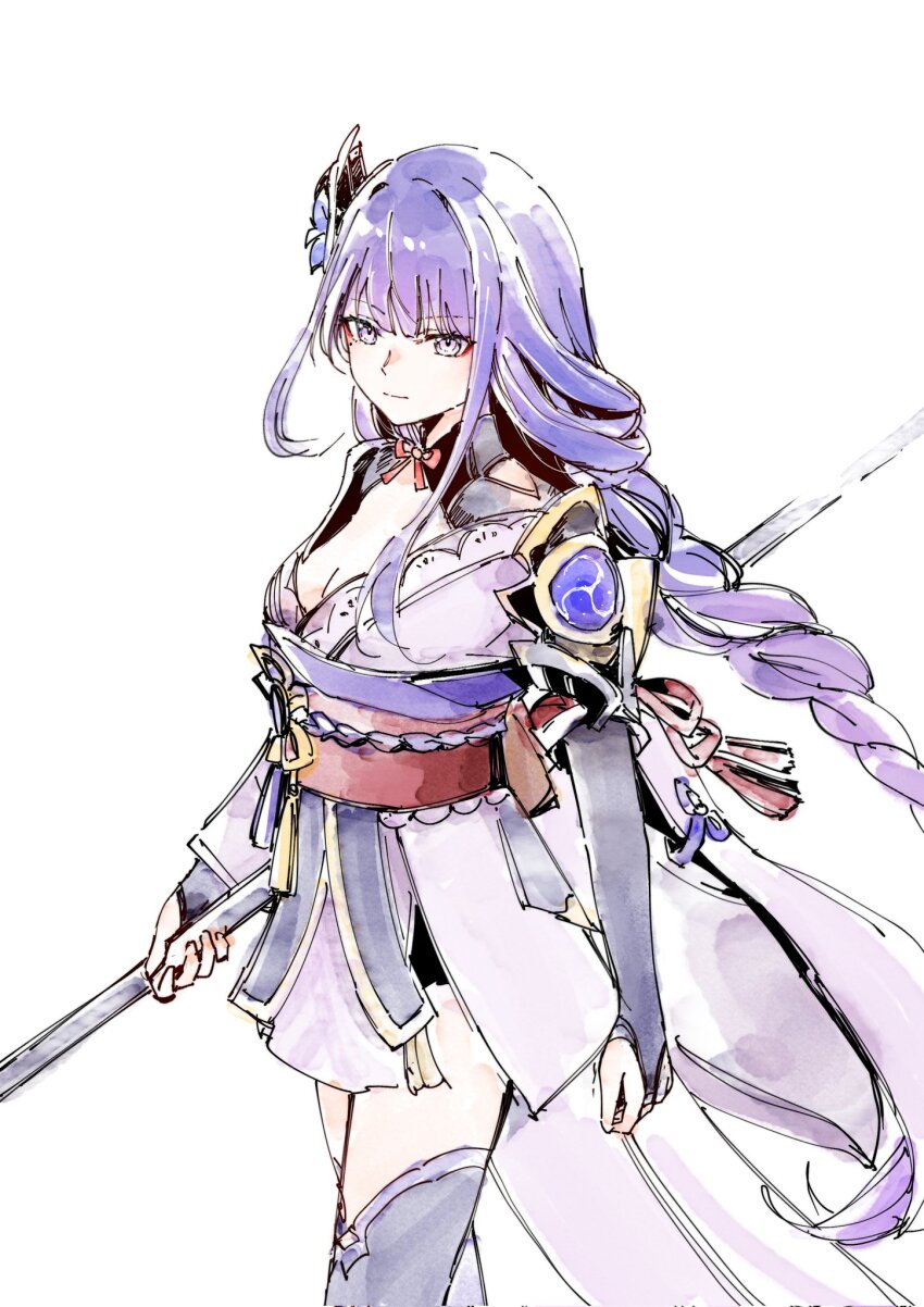 1girl armor braid braided_ponytail breasts bridal_gauntlets cleavage commentary cowboy_shot genshin_impact hair_ornament hashtag-only_commentary highres holding holding_polearm holding_weapon japanese_clothes kimono large_breasts long_hair mitsudomoe_(shape) mole mole_under_eye obi obiage obijime pauldrons polearm purple_eyes purple_hair purple_kimono raiden_shogun red_sash sash sen_jin_chen shoulder_armor simple_background single_braid single_pauldron solo tomoe_(symbol) very_long_hair weapon white_background
