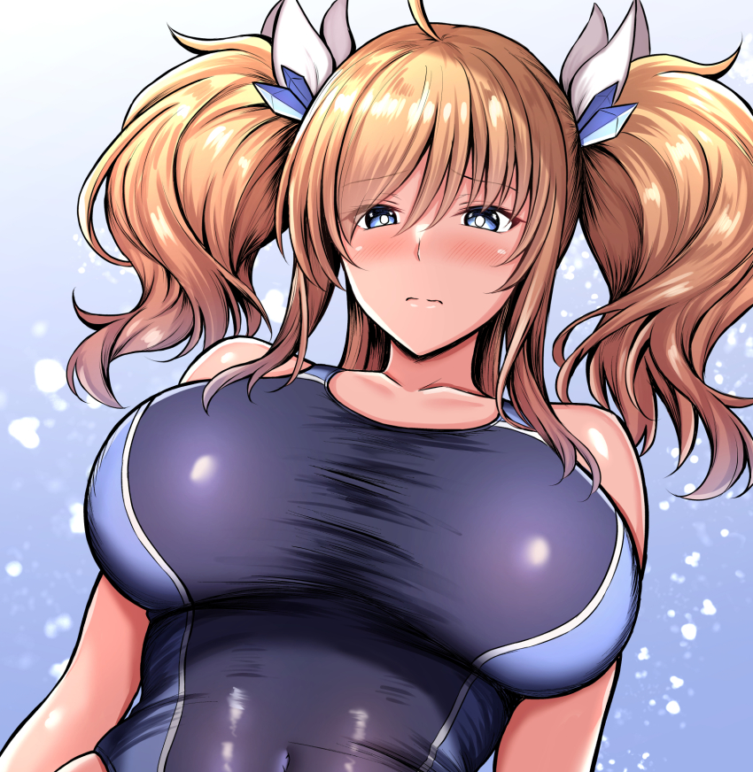 1girl blonde_hair breasts embarrassed kanna_(minamozuki) large_breasts long_hair looking_at_viewer one-piece_swimsuit onizaki_kirara shiny_skin swimsuit taimanin_(series) taimanin_rpgx twintails