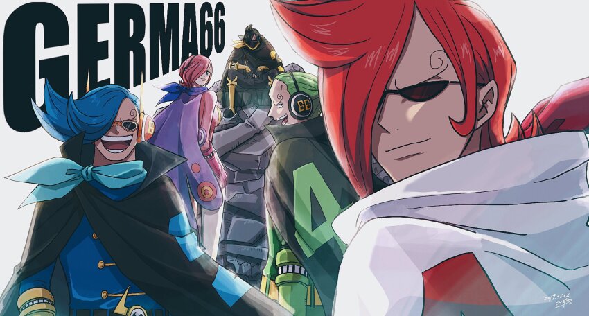 1girl 4boys asymmetrical_bangs black_hair blue_hair blue_scarf cape curly_eyebrows family formal_clothes gauntlets gloves green_cape green_hair hair_over_one_eye headphones highres looking_at_viewer looking_back mask mouth_mask multiple_boys one_eye_covered one_piece open_mouth pink_hair raid_suit red_hair sanji_(one_piece) scarf short_hair siblings sitting smile suit sunglasses teeth tsun006 vinsmoke_ichiji vinsmoke_niji vinsmoke_reiju vinsmoke_yonji white_cape