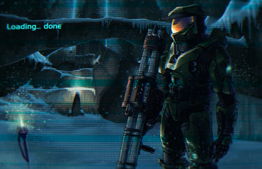 1boy armor assault_visor black_gloves commentary english_commentary gloves gun halo:_combat_evolved halo_(series) highres holding holding_gun holding_weapon in-universe_location jj_rabbid loading_screen looking_to_the_side m41_spnkr male_focus master_chief night open_hand power_armor rocket_launcher solo spartan_(halo) weapon