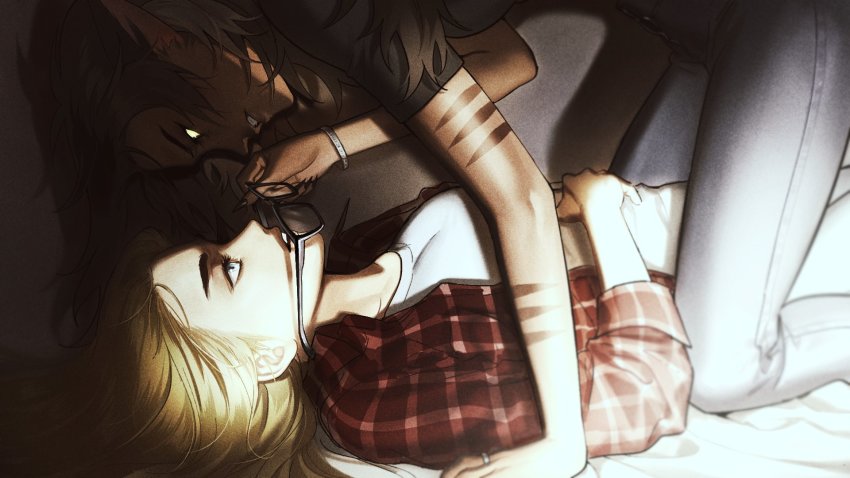 2girls adora_(she-ra) animal_ears black_shirt blonde_hair blouse brown_hair cat_ears cat_girl catra dark-skinned_female dark_skin denim from_side glasses highres jeans kotneciii long_hair looking_at_another lying multiple_girls on_back pants plaid_clothes plaid_shirt removing_eyewear she-ra_and_the_princesses_of_power shirt short_sleeves unworn_eyewear