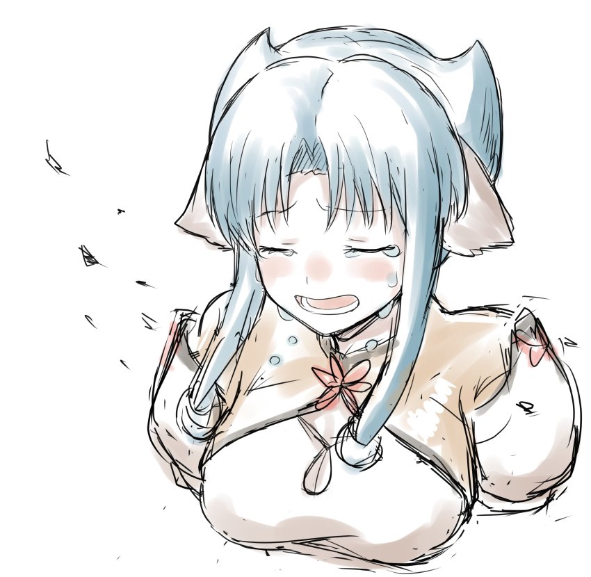 1girl absurdres animal_ears aquaplus atuy blue_hair blush breasts cleavage cleavage_cutout closed_eyes clothing_cutout crying from_above highres large_breasts nike_abc open_mouth parted_bangs short_hair_with_long_locks sidelocks sketch solo teardrop tears teeth tongue utawarerumono utawarerumono:_itsuwari_no_kamen