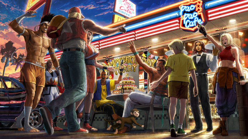 2girls 6+boys andy_bogard birthday_cake blue_mary bob_wilson boxing_shorts cake commentary crop_top dark-skinned_male dark_skin diner dreadlocks duck_king english_commentary evening fatal_fury food happy_birthday headband highres joe_higashi monkey multiple_boys multiple_girls neon_lights official_art richard_meyer rock_howard shiranui_mai shorts sitting street_fighter street_fighter_6 table terry_bogard topless_male tray ukkii_(snk) waiter