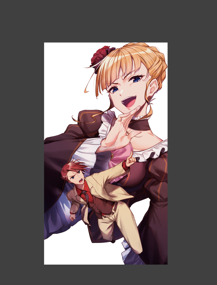 1boy 1girl :d absurdres beatrice_(umineko) belt black_choker black_dress black_necktie blonde_hair blue_eyes blunt_bangs braid braided_bun choker collared_shirt commentary_request dress dress_shirt evil_smile eyelashes flower formal_clothes frilled_choker frilled_sleeves frills full_body hair_bun hair_flower hair_ornament hand_up highres index_finger_raised juliet_sleeves laughing lips long_sleeves looking_at_viewer making-of marutenmaruten necktie ojou-sama_pose open_mouth pants pointing puffy_sleeves red_flower red_hair red_shirt shirt simple_background single_hair_bun slit_pupils smile suit teeth umineko_no_naku_koro_ni upper_body upper_teeth_only ushiromiya_battler v-shaped_eyebrows white_background white_pants white_suit wide_sleeves