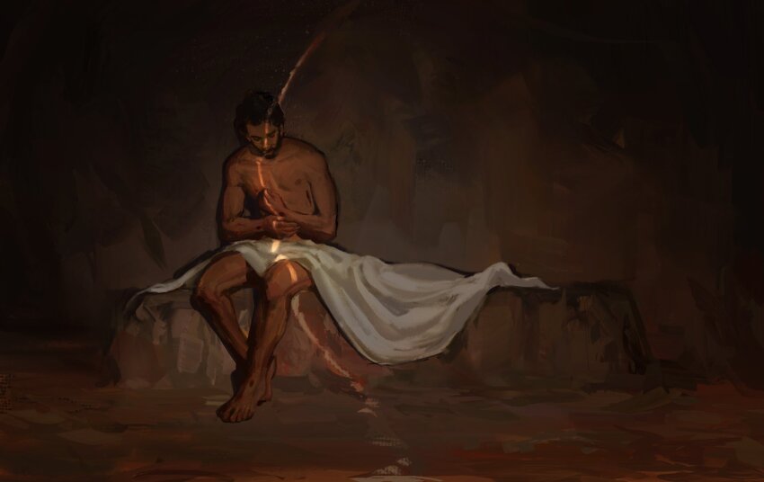 1boy bare_legs barefoot beard blanket brown_hair commentary dark-skinned_male dark_skin english_commentary facial_hair highres indoors jesus looking_down male_focus painterly pectorals short_hair sitting solo stigmata the_bible wolfythewitch