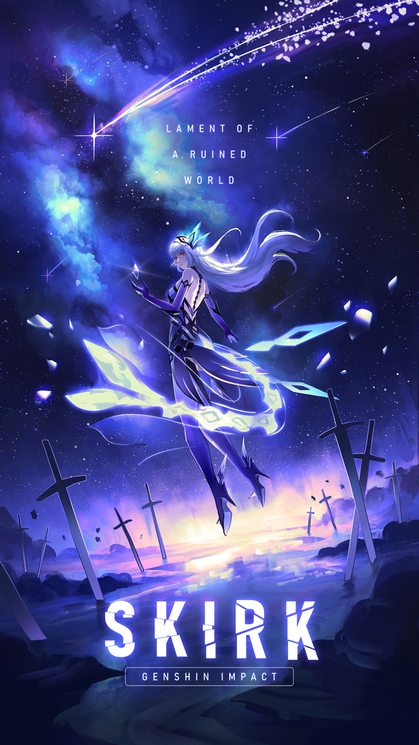 1girl back bare_shoulders black_leotard character_name commentary copyright_name dinhosaur english_commentary from_behind full_body genshin_impact grey_hair hair_ornament hand_up high_heels highres leotard long_hair looking_at_viewer looking_back nebula night planted planted_sword planted_weapon prosthesis red_eyes skirk_(genshin_impact) sky solo star_(sky) starry_sky sword title weapon