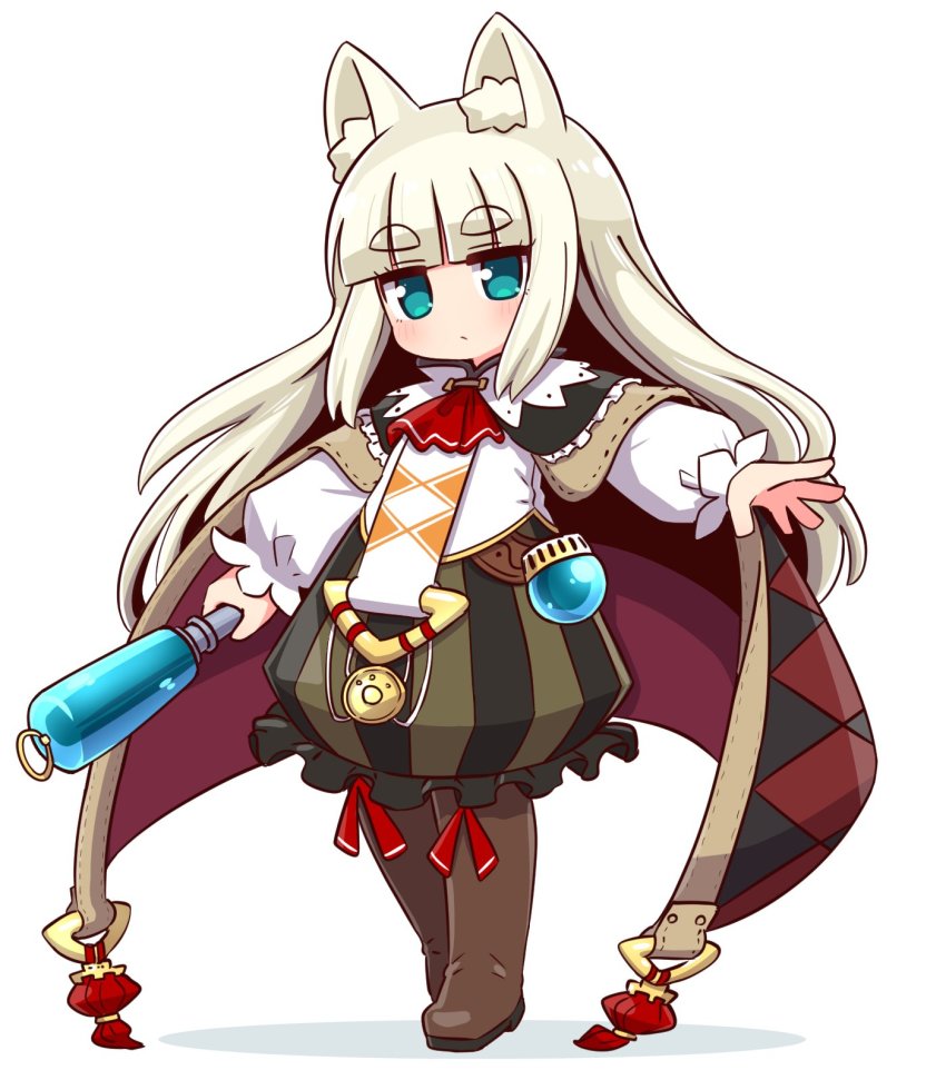 1girl 7th_dragon 7th_dragon_(series) animal_ear_fluff animal_ears black_cloak blunt_bangs blush boots brown_boots chibi cloak closed_mouth commentary_request frilled_skirt frills full_body grey_hair highres holding ikurakun_(7th_dragon) long_hair long_sleeves mage_(7th_dragon) naga_u puffy_long_sleeves puffy_sleeves shadow shirt short_eyebrows simple_background skirt solo standing striped_clothes striped_skirt thick_eyebrows thigh_boots vertical-striped_clothes vertical-striped_skirt very_long_hair white_background white_shirt