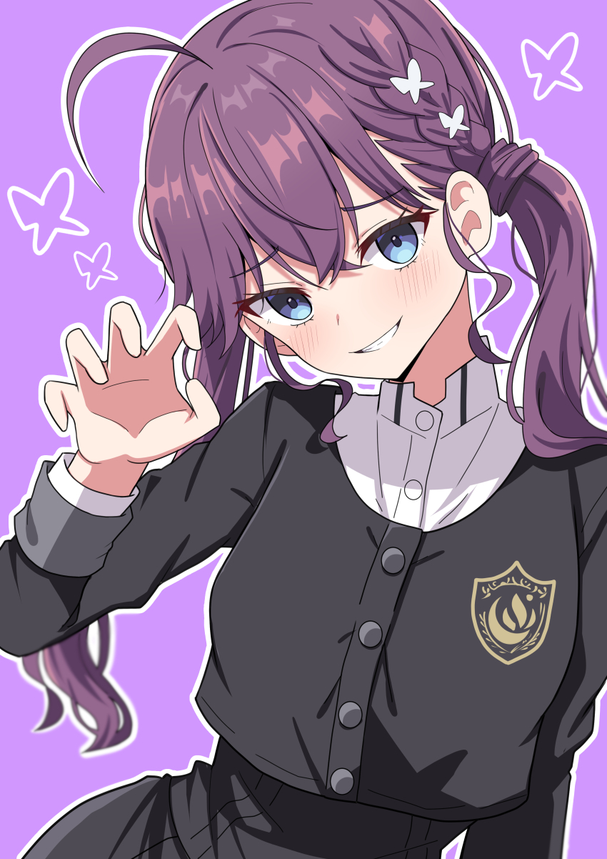 1girl absurdres ahoge black_jacket black_skirt blush braid butterfly_hair_ornament claw_pose commentary_request cropped_jacket gakuen_idolmaster grin hair_ornament high-waist_skirt highres hosinonana idolmaster jacket kaya_rinha long_hair looking_at_viewer outline pink_background purple_hair simple_background skirt smile solo twintails very_long_hair white_outline