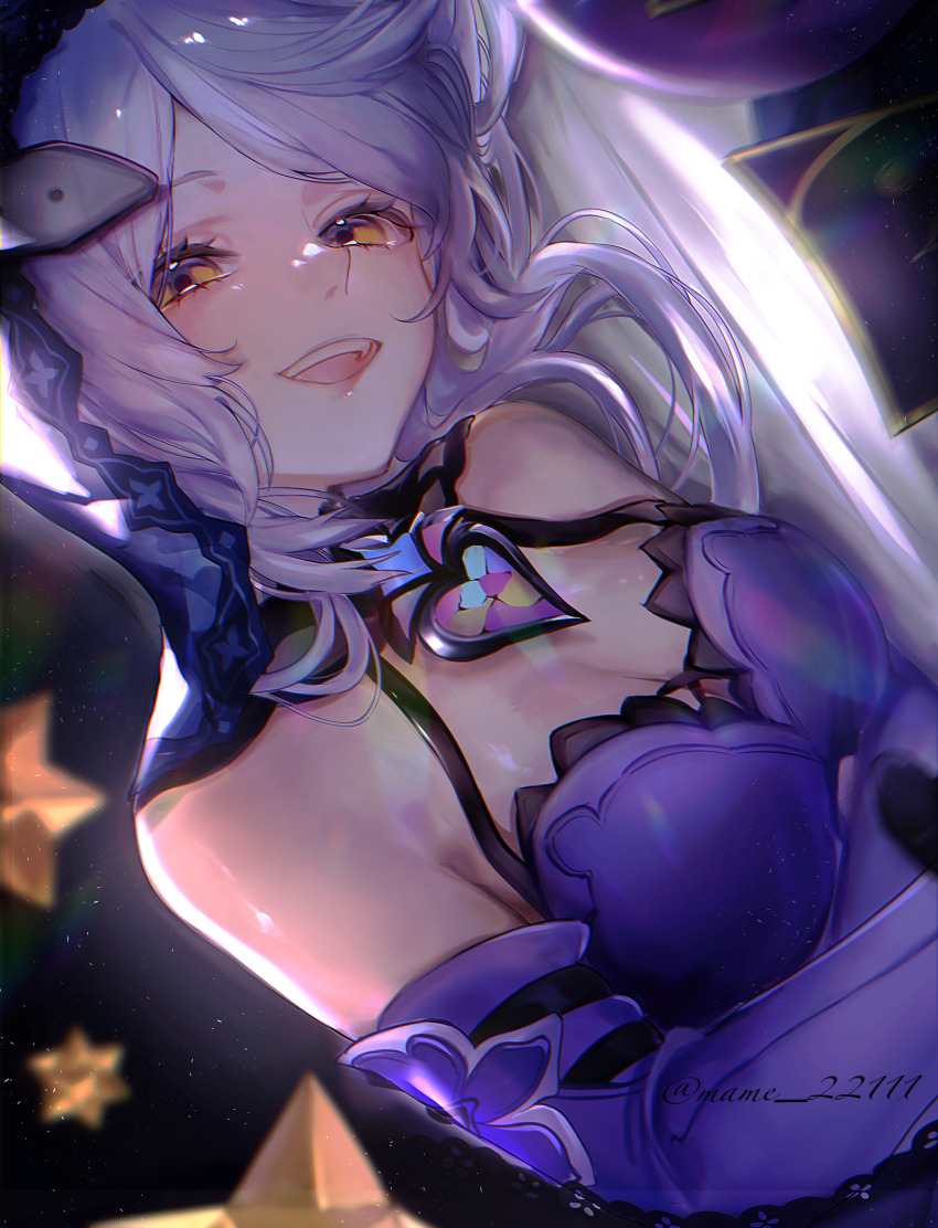 1girl artist_name bare_shoulders black_background black_swan_(honkai:_star_rail) breasts card cleavage commentary_request detached_sleeves dress hariyama1117 heart_ornament highres honkai:_star_rail honkai_(series) large_breasts long_hair long_sleeves looking_at_viewer open_mouth purple_dress purple_hair purple_sleeves purple_veil sleeveless sleeveless_dress smile solo star_ornament tarot tarot_card teeth upper_body veil yellow_eyes