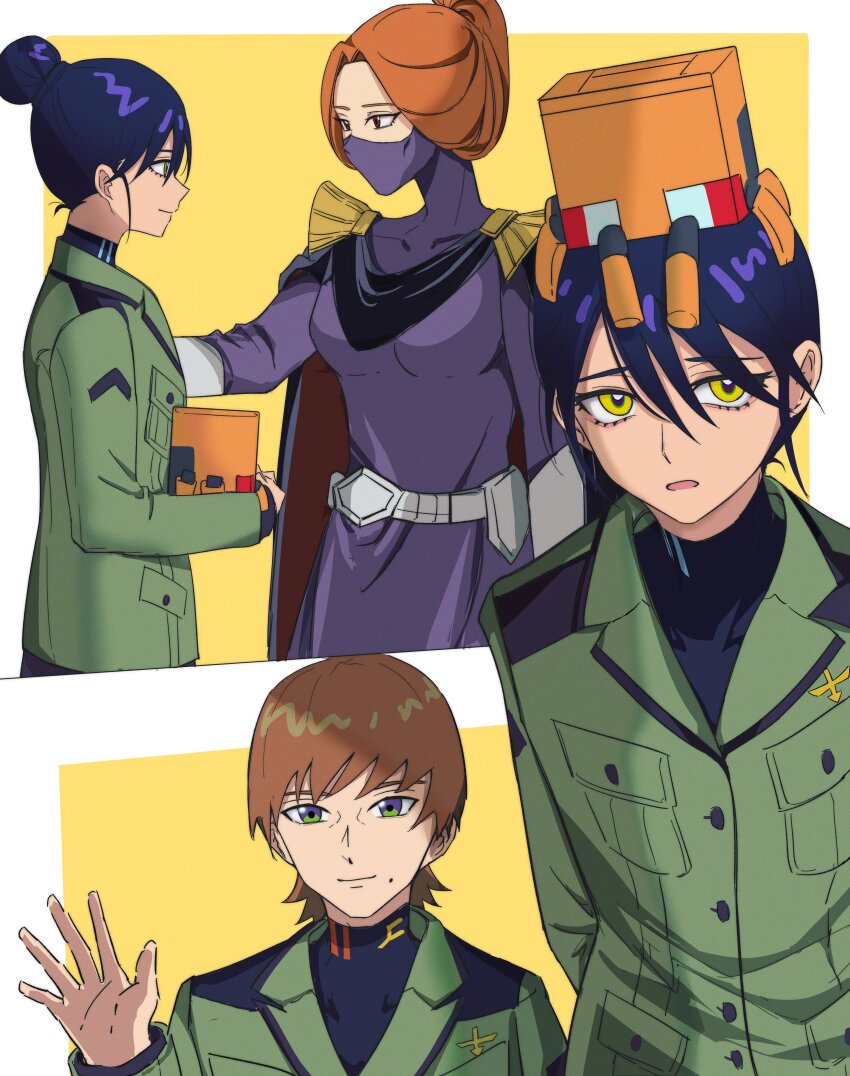 1boy 2girls absurdres belt brown_eyes brown_hair cape closed_mouth commentary_request conch conch_(gundam) green_eyes gundam gundam_gquuuuuux hair_between_eyes hand_on_another&#039;s_shoulder hibiki4411 highres kycilia_zabi long_hair long_sleeves mask military_uniform mole mole_under_mouth mouth_mask multiple_girls nyaan_(gundam_gquuuuuux) open_mouth purple_hair robot short_hair waving xavier_olivette yellow_eyes zeon