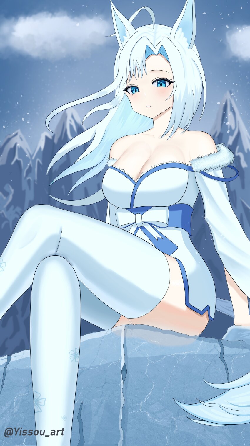 1girl absurdres blush breasts crossed_legs from_below highres ice indie_virtual_youtuber large_breasts long_hair mountain sitting smug_alana snow solo virtual_youtuber yissou_art