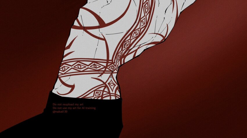 1boy arched_back arms_up back_muscles black_pants crest highres male_focus michael_roa_valdamjong muscular muscular_male nakatani_(naka6130) pants red_background stretching tsukihime tsukihime_(remake)