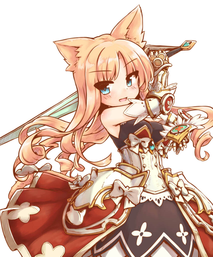 1girl armor armored_dress bare_shoulders blonde_hair blue_eyes breasts corset dress drill_hair emil_chronicle_online hand_guard highres holding holding_sword holding_weapon kareya large_breasts long_hair looking_at_viewer mitama_elise open_mouth sword weapon white_background