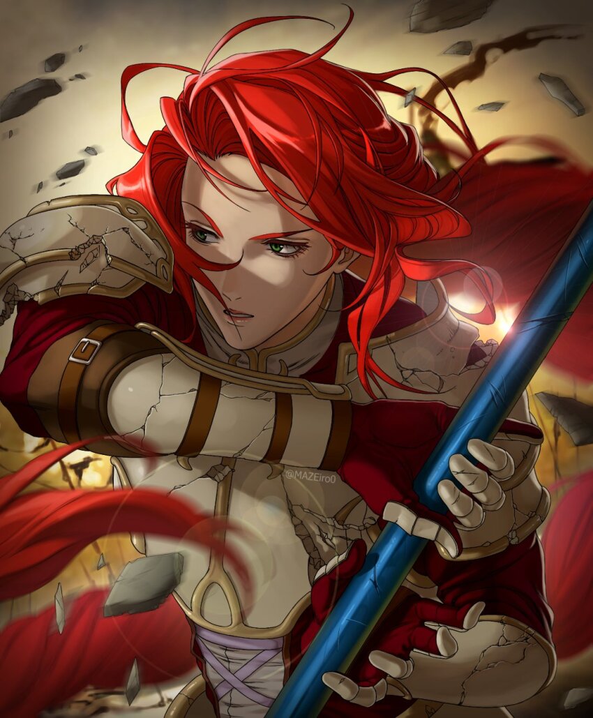 1girl armor breastplate broken_armor fire_emblem fire_emblem:_path_of_radiance fire_emblem:_radiant_dawn floating_hair green_eyes highres holding holding_weapon lips long_braid maze_draws nintendo parted_lips red_hair shoulder_armor solo titania_(fire_emblem) upper_body weapon