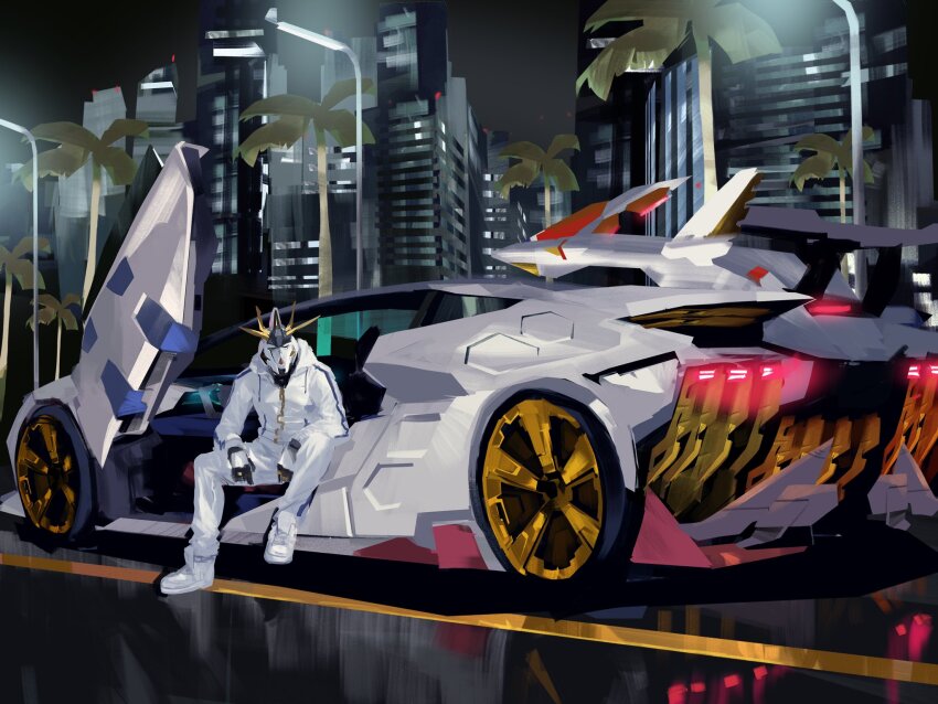 car gundam gundam_hathaway&#039;s_flash highres humanoid_robot jacket lamborghini lamborghini_aventador mobile_suit motor_vehicle no_humans pants penelope_(hathaway&#039;s_flash) rintaro_komori robot shoes sitting sneakers solo spoiler_(automobile) sweatpants track_jacket v-fin vehicalization vehicle_focus white_jacket white_pants white_shoes