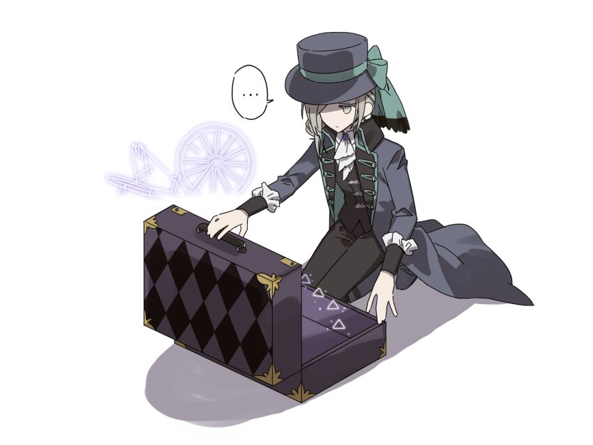 ... 1girl ascot black_boots black_coat black_hat black_pants black_vest blue_bow boater_hat boots bow coat collared_shirt full_body grey_eyes grey_hair gumaebideokjil hair_bun hat hat_bow highres knee_boots kneeling long_sleeves looking_down one_eye_covered open_suitcase opening_suitcase pants reverse:1999 shirt short_hair single_side_bun solo spinning_wheel spoken_ellipsis suitcase vertin_(reverse:1999) vest waistcoat white_ascot white_background white_shirt