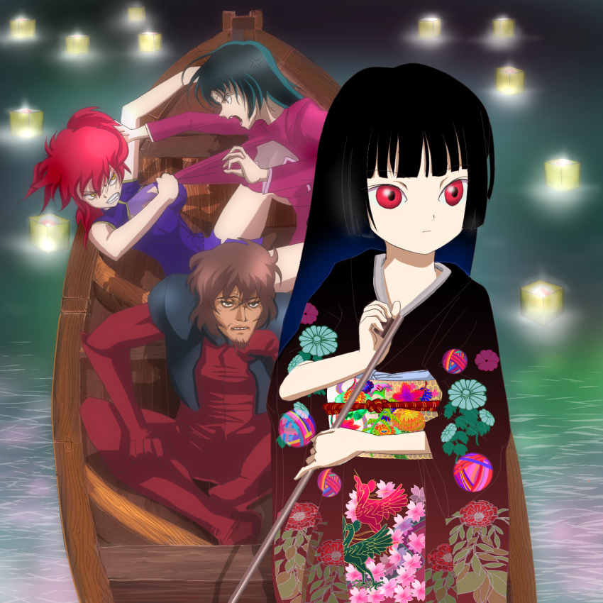 1boy 3girls ali_al-saachez angry black_hair blunt_bangs boat breasts candle catfight cleavage clothes_pull enma_ai flower good_end grabbing_another&#039;s_hair gundam gundam_00 highres hime_cut japanese_clothes jigoku_shoujo kimono lantern lantern_on_liquid large_breasts long_hair moheji multiple_girls nena_trinity paper_lantern parody red_eyes red_hair shirt_pull side_ponytail wang_liu_mei water watercraft yellow_eyes