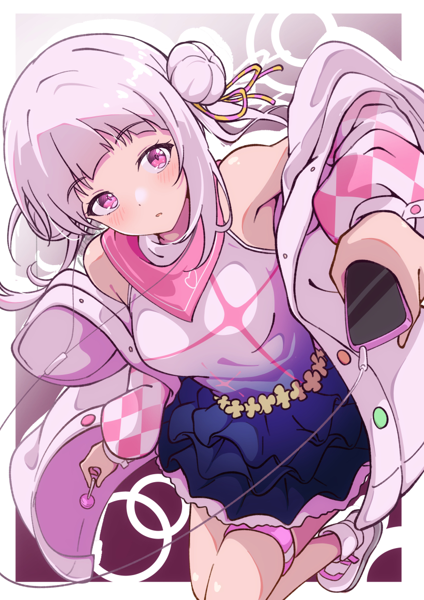 1girl absurdres arashi_chisato blue_dress blunt_bangs blush candy cellphone commentary double_bun dress earphones food frilled_dress frills gradient_clothes gradient_dress hair_bun hajimari_wa_kimi_no_sora highres holding holding_candy holding_food holding_lollipop holding_phone jacket lollipop long_sleeves looking_at_viewer love_live! love_live!_superstar!! medium_hair open_clothes open_jacket outline parted_lips phone pink_eyes shoes sidelocks sleeveless sleeveless_dress smartphone solo thigh_strap thio_lovelive white_hair white_jacket white_outline white_shoes