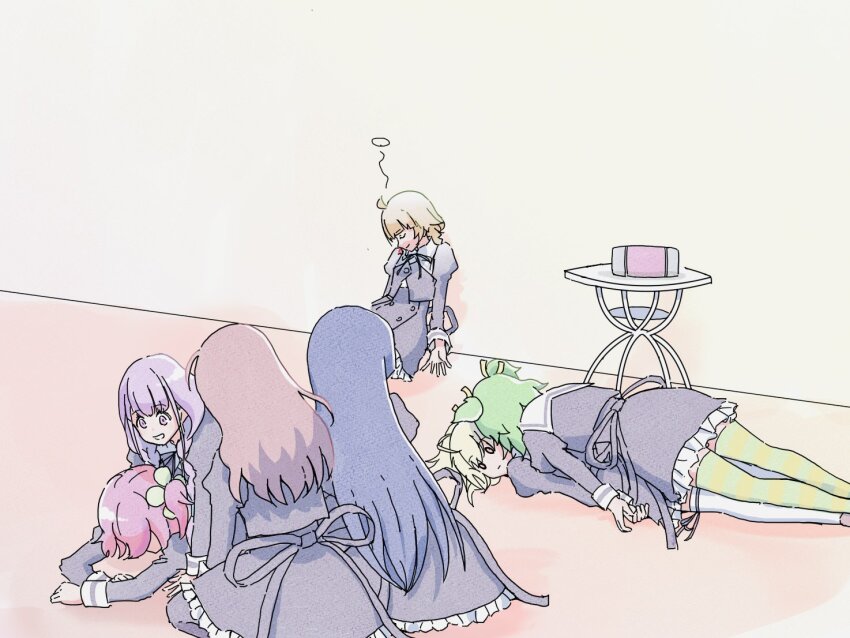 6+girls :| against_wall ahoge andou_tazusa arms_at_sides assault_lily bag black_pantyhose black_ribbon black_skirt blonde_hair blue_hair brown_hair brown_shoes closed_eyes closed_mouth clover_hair_ornament commentary_request cropped_jacket exhausted face_down facing_away four-leaf_clover_hair_ornament frilled_skirt frills futagawa_fumi girl_on_top green_hair green_thighhighs grin hair_ornament hair_ribbon high-waist_skirt hitotsuyanagi_riri hitotsuyanagi_yuri indoors juliet_sleeves kaede_johan_nouvel kesunoie leg_ribbon long_hair long_sleeves looking_at_another looking_to_the_side low_twintails lying lying_on_person miniskirt multiple_girls neck_ribbon no_pupils on_floor on_stomach one_side_up pantyhose parted_lips pink_eyes pink_hair puffy_sleeves purple_eyes purple_hair ribbon school_uniform shirai_yuyu shoes sitting skirt smile striped_clothes striped_thighhighs table thigh_ribbon thighhighs twintails two-tone_thighhighs two_side_up wariza white_thighhighs yellow_ribbon yellow_thighhighs yoshimura_thi_mai yurigaoka_girls_academy_school_uniform zettai_ryouiki