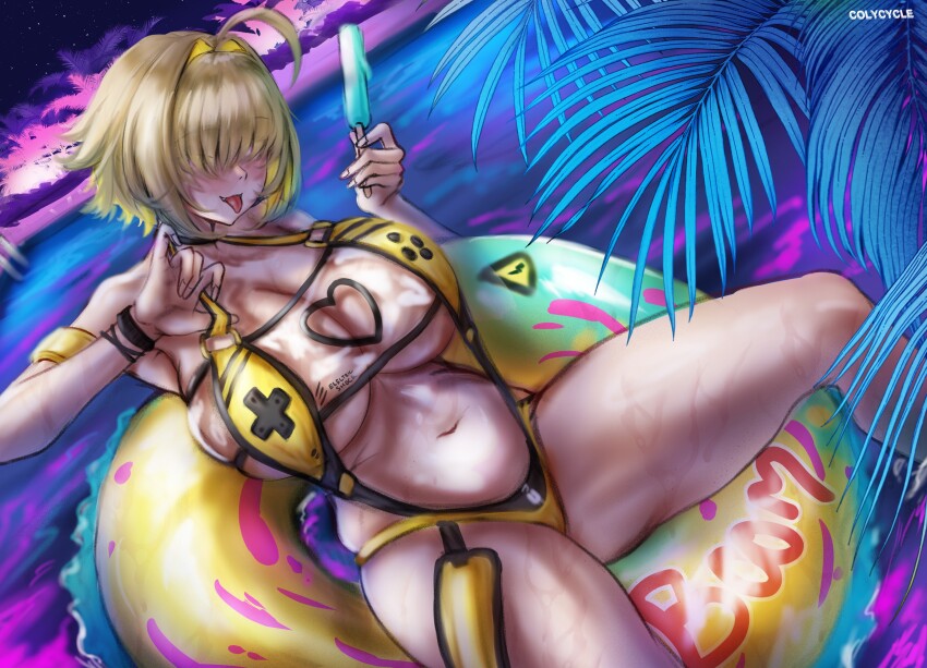 1girl absurdres ahoge blonde_hair blush breasts clothing_cutout colycycle elegg_(boom_and_shock)_(nikke) elegg_(nikke) eyes_visible_through_hair food goddess_of_victory:_nikke hair_intakes hair_over_eyes heart_cutout highres holding holding_food holding_popsicle innertube large_breasts long_bangs multicolored_hair navel night on_innertube open_mouth popsicle purple_eyes see-through_slingshot_swimsuit shiny_skin short_hair sitting slingshot_swimsuit solo swim_ring swimsuit tongue tongue_out two-tone_hair water wet yellow_innertube yellow_slingshot_swimsuit